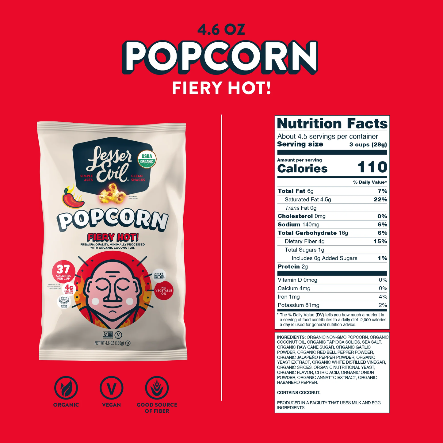 Lesser Evil Fiery Hot Popcorn 130g
