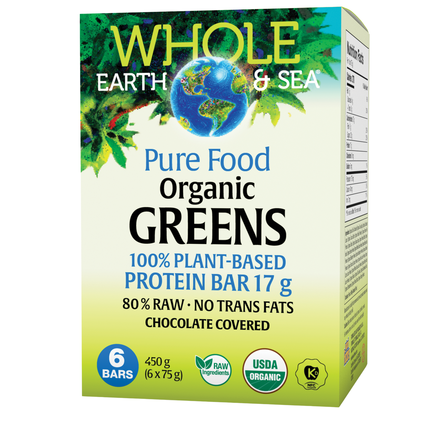 Whole Earth and Sea Organic Vegan Greens Protein Bar 17g 6 Pack
