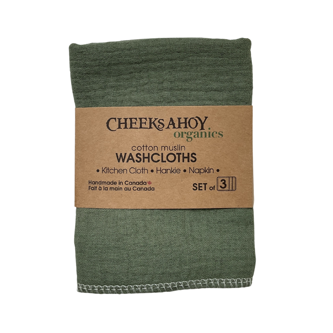 Cheeks Ahoy Organic Cotton Muslin Washcloth Sage 3pk