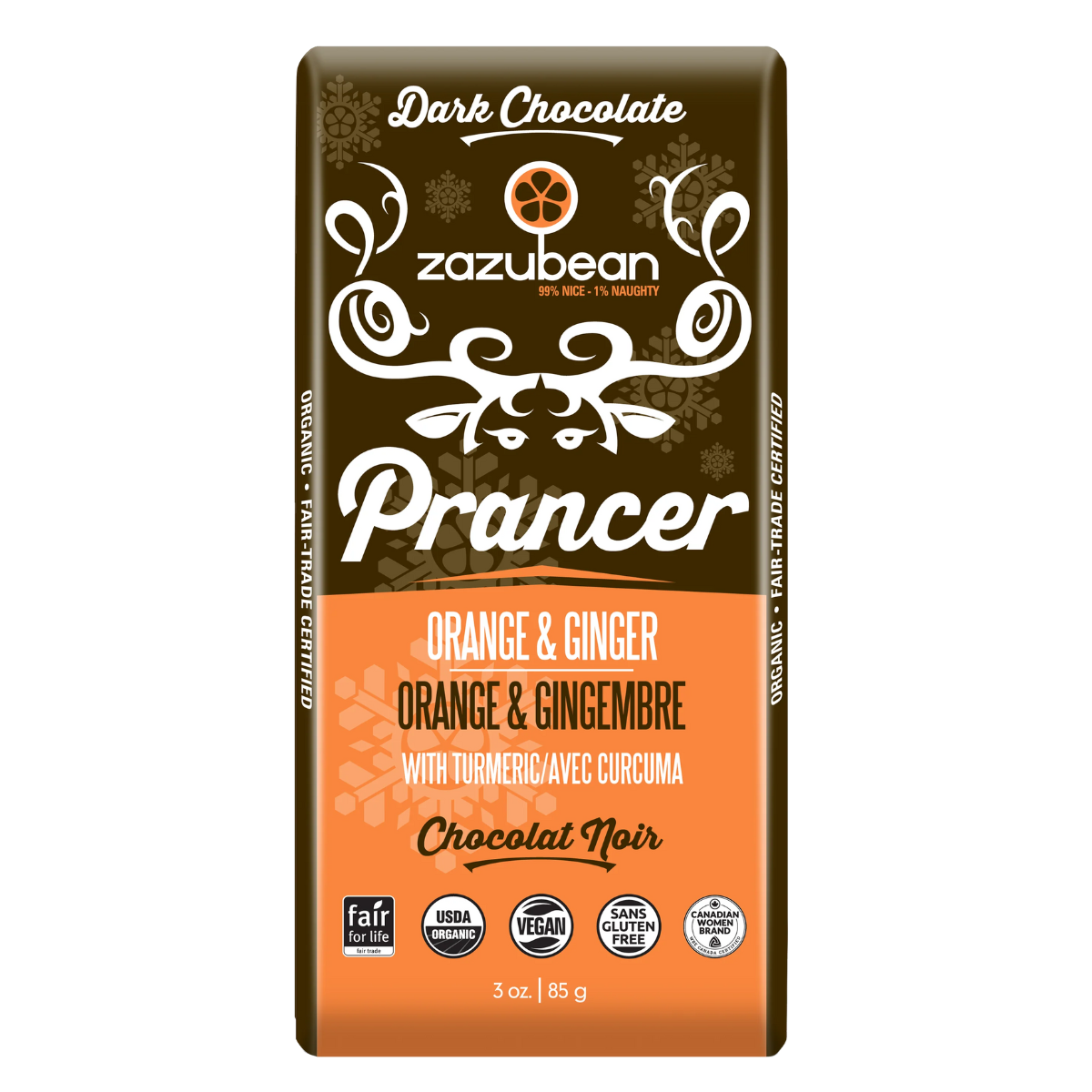 Zazubean Organic Prancer Dark Chocolate with Orange and Ginger 85g