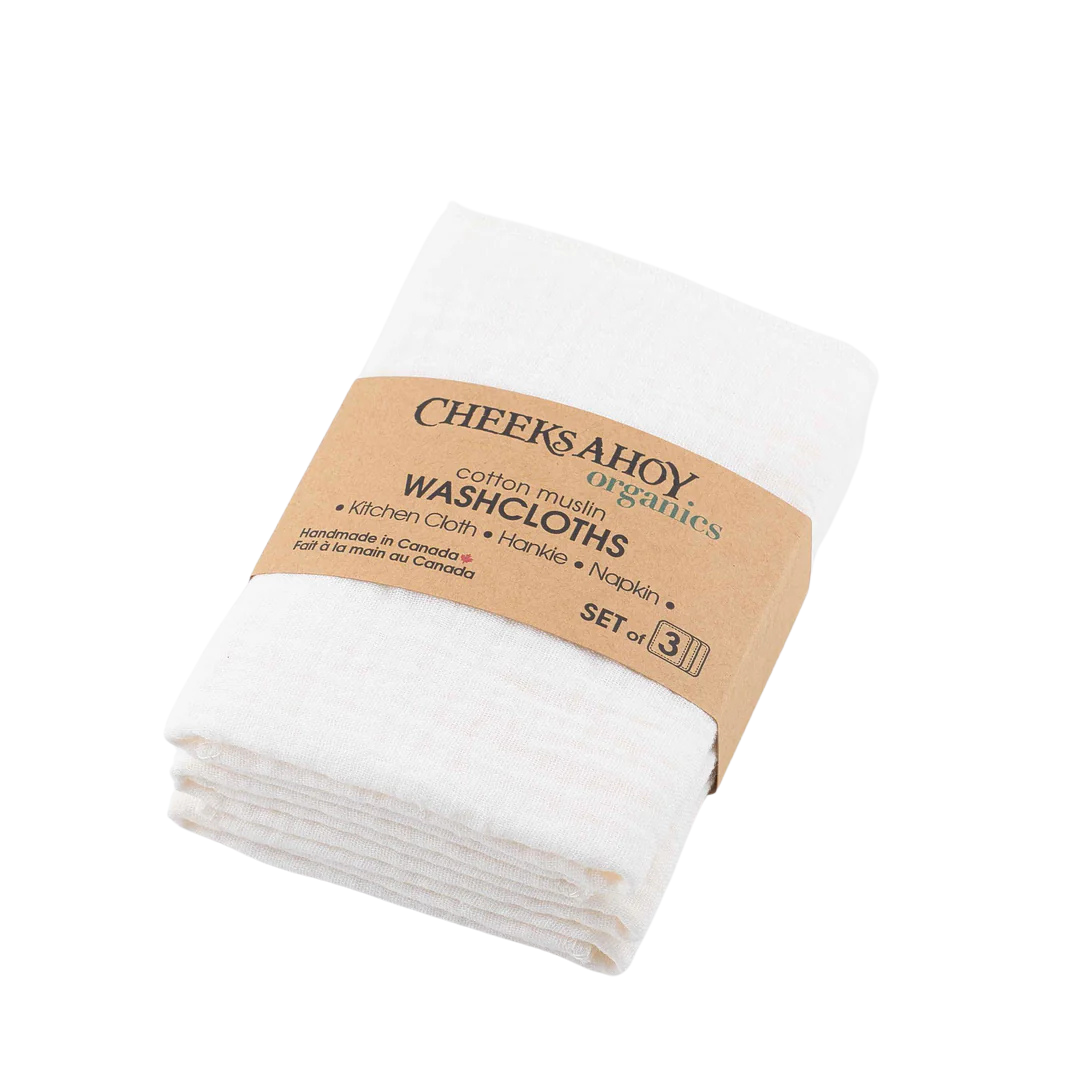 Cheeks Ahoy Organic Cotton Muslin Washcloth Cream 3 Pack