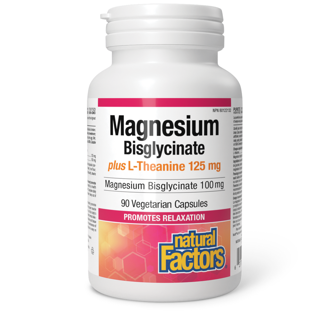 Natural Factors Magnesium Bisglycinate 100mg L-Theanine 125mg 90 Vegetarian Capsules