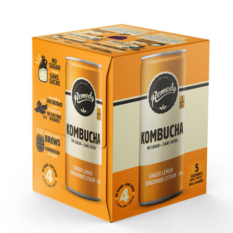 Remedy Organic Ginger Lemon No Sugar Kombucha 330ml 4pk