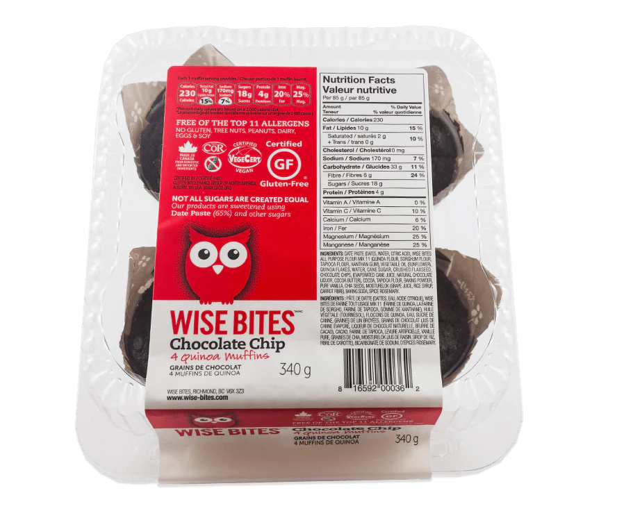Wise Bites Gluten Free Chocolate Chip Quinoa Muffins 4pk 340g