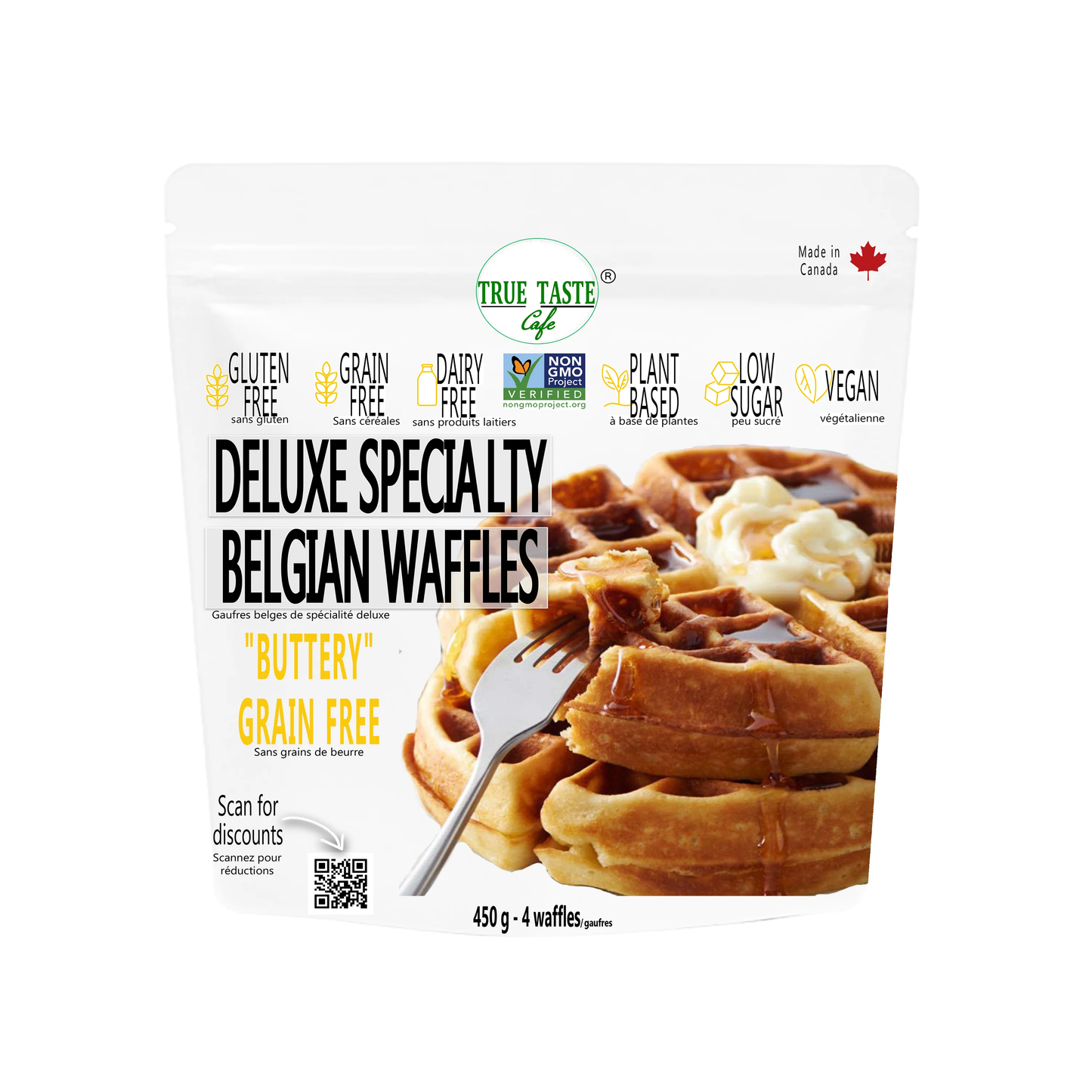True Taste Cafe Buttery Grain Free Belgian Waffles 450g