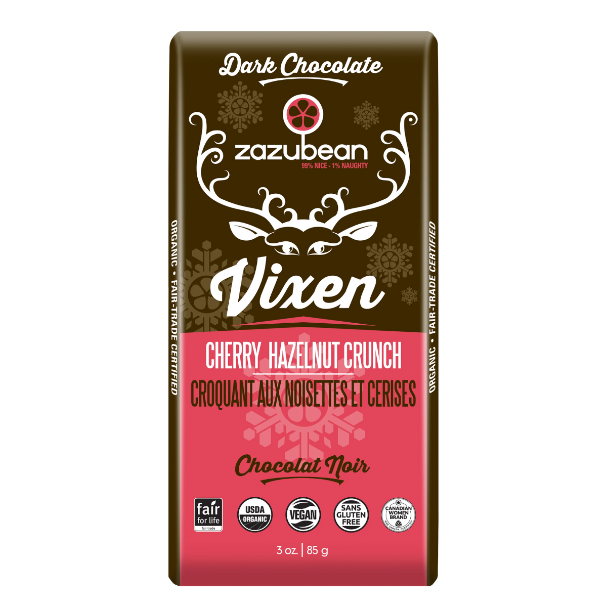 Zazubean Organic Vixen Cherry and Hazelnut Crunch Chocolate Bar 85g