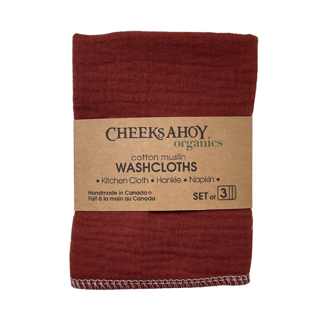Cheeks Ahoy Organic Cotton Muslin Washcloth Nutmeg 3pk