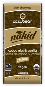 Zazubean Nakid Cocoa Nib and Vanilla Dark Chocolate Bar 85g