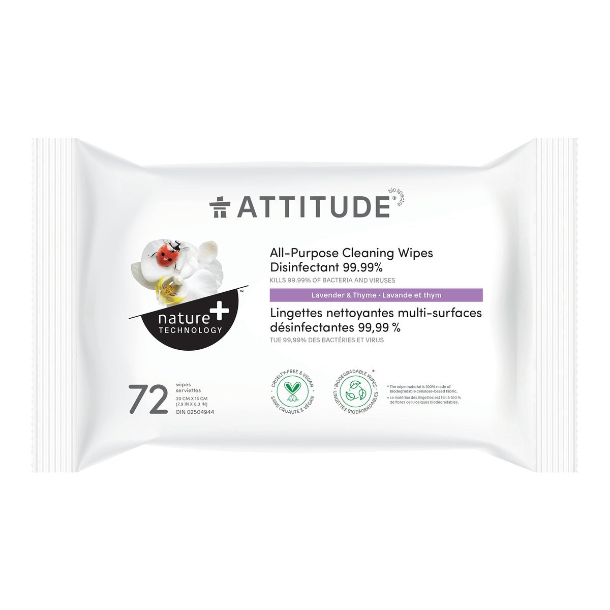 Attitude All-Purpose Thyme & Lavender Disinfectant Cleaning Wipes 99.99%
