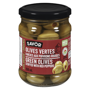 Sav&ouml;rOrganic Green Olives Stuffed with Red Peppers 250ml