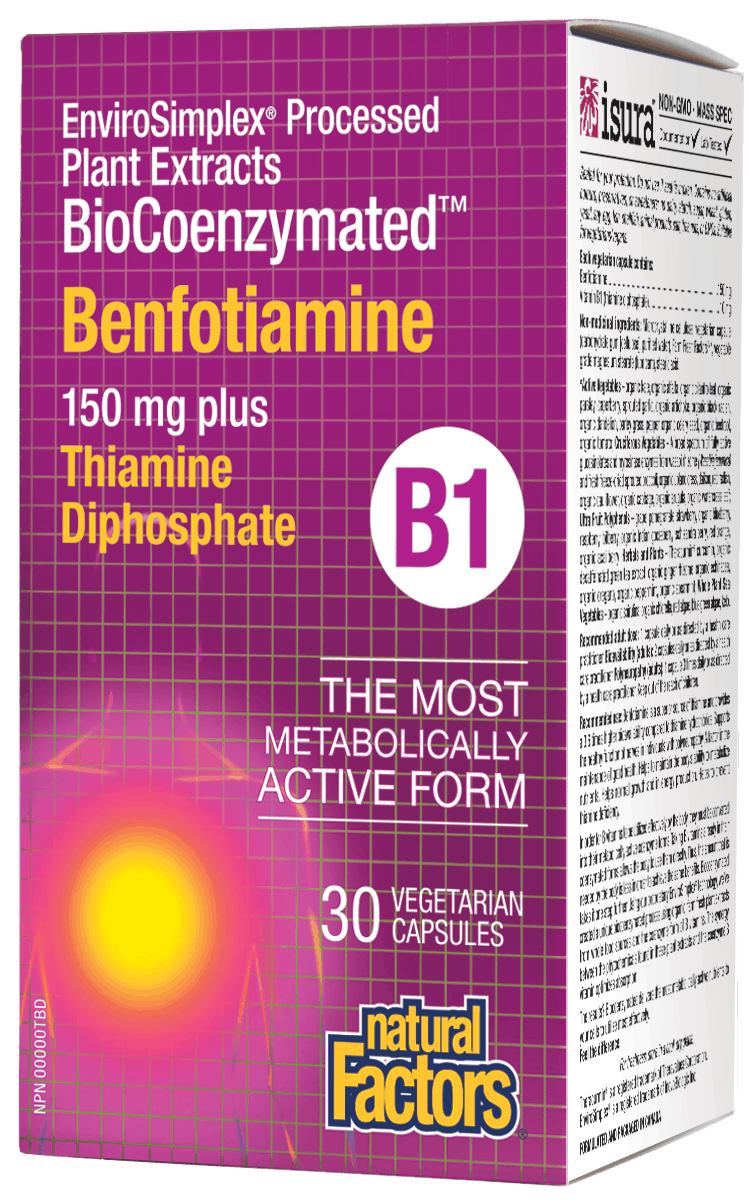 Natural Factors BioCoenzymated B1 Benfotiamine 150 mg Plus Thiamine Diphosphate 30 Vegetarian Capsules